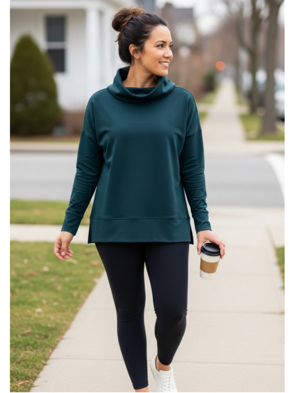 Yogalicious Cowl Neck Pullover Medium Dark Teal Poly Rayon Stretch Side Vents